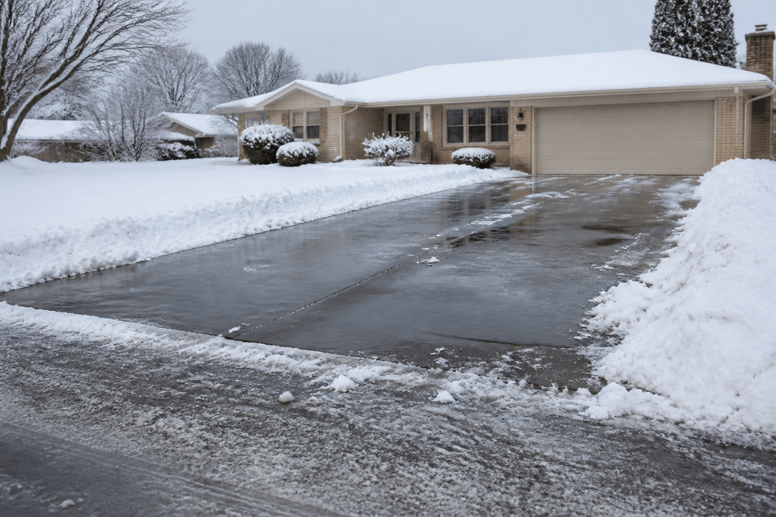 Snowy residential driveway in daylight after a Midwest winter storm